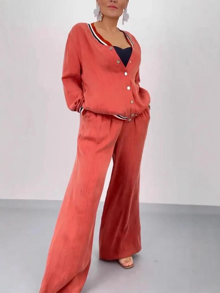 2025 Autumn/Winter Women's Crew Neck Patchwork Cardigan & Wide Leg Pants Set