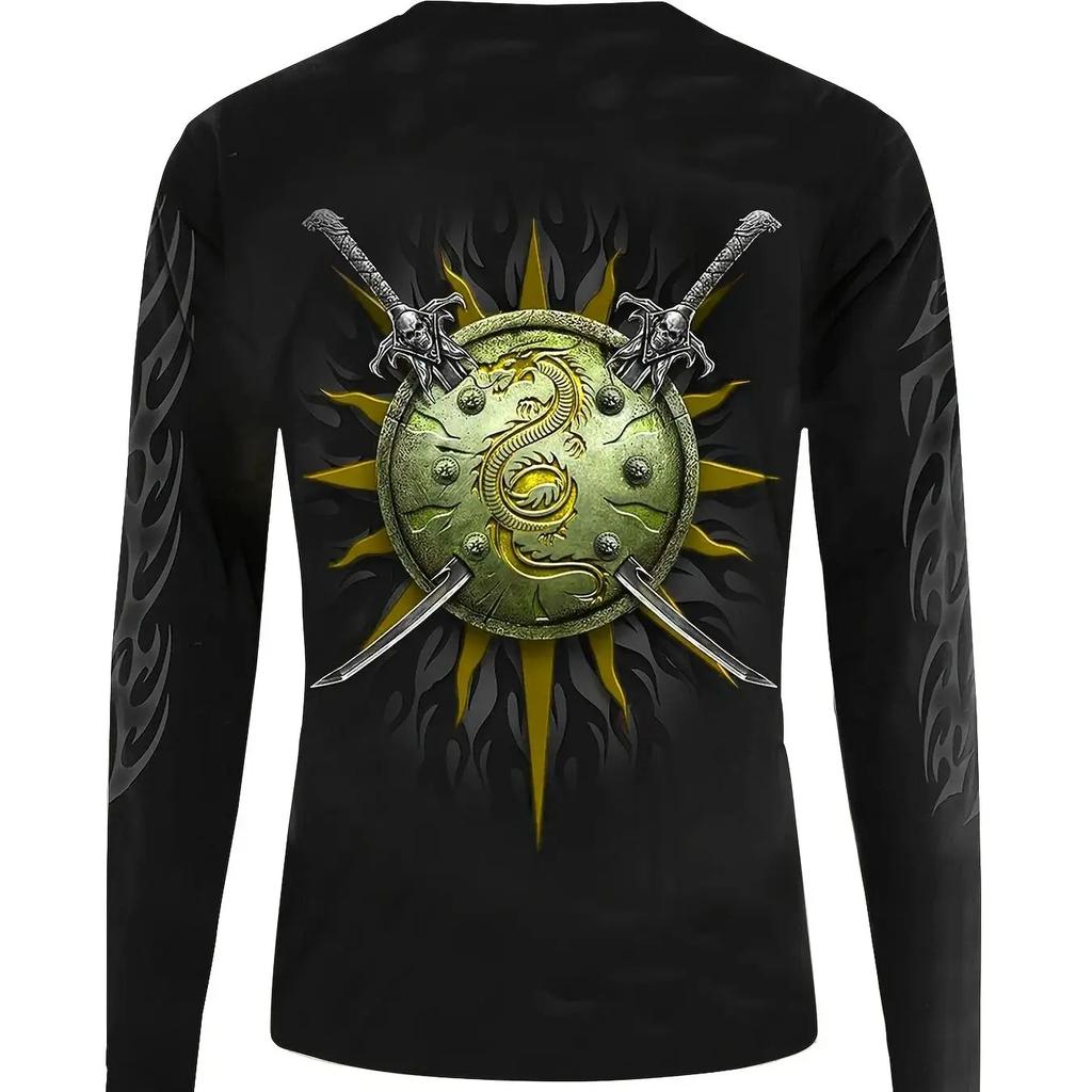 Мужская футболка с круглым вырезом и длинными рукавами Red Dragon & Sword, весна-осень