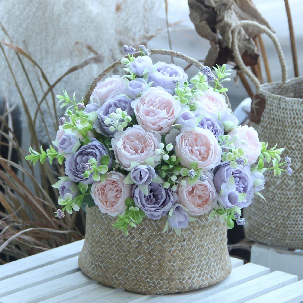 32cm Peony Bouquet 5 Heads Silk Flower New Fake Rose Vase Decor