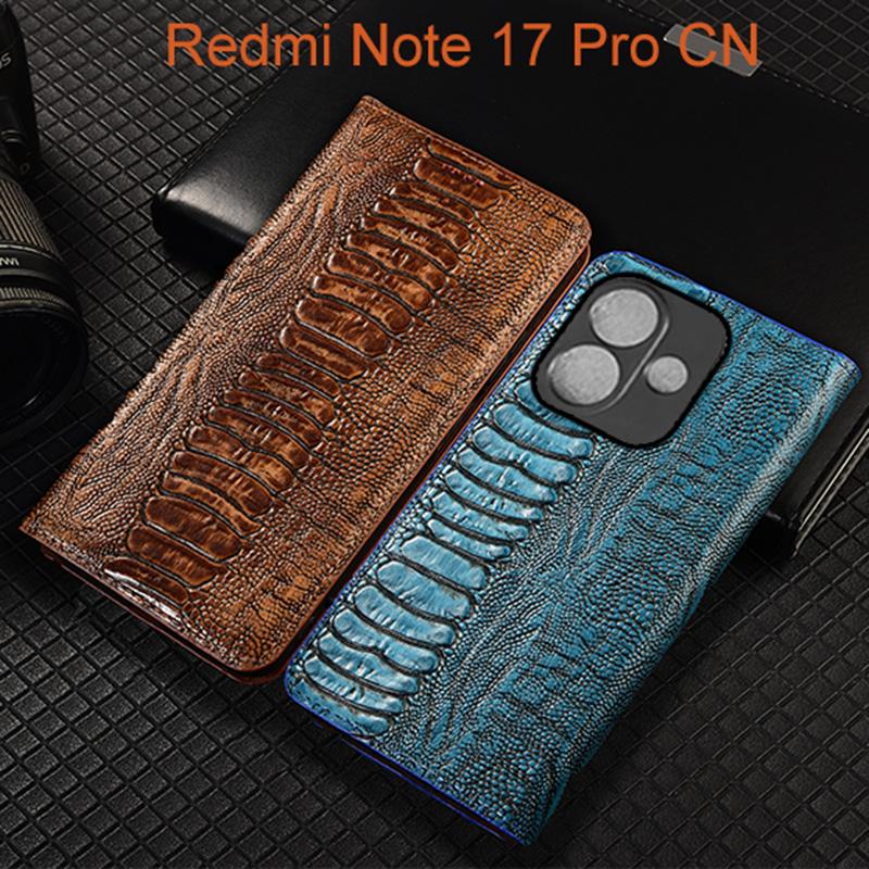 Флип-кейс из натуральной кожи с узором под страуса Для телефона Xiaomi Redmi Note 17 Pro Чехол для телефона Отделения для карт Защита от царапин