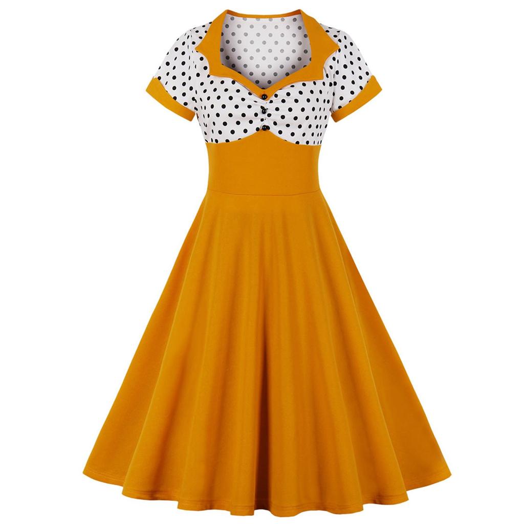 Женское винтажное платье в горошек с лацканами, короткими рукавами и поясом