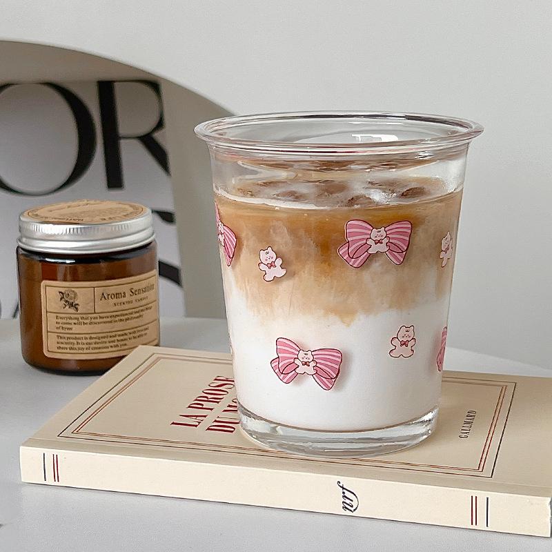 Милая стеклянная кружка с бантом для воды, мультяшная стеклянная кружка с бантом, полосатая милая кружка для кофе, бытовая кружка для фруктового чая, лимонада, подарок для девочек
