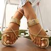 Женские плетеные сандалии на плоской подошве, повседневные сандалии с перемычкой для пальца, летняя обувь, легкие сандалии на резинке, золотая обувь, пляжные домашние тапочки