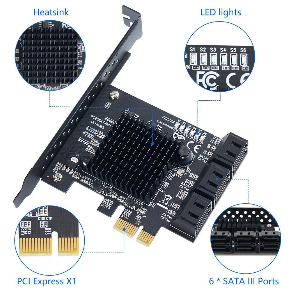 Карта расширения PCI-E на SATA 3.0, 4-портовый/6-портовый адаптер 6 Гбит/с для IPFS и Chia с чипом 88SE9215.