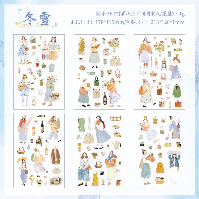 6pcs Cartoon Character PET Stickers - Die-Cut Decals for Journal & Scrapbooking
