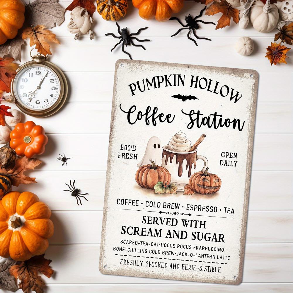 Pumpkin Hole Coffee Station Metal Tin Sign - Vintage Halloween Decoration, UV-resistant, Waterproof and Fade-resistant