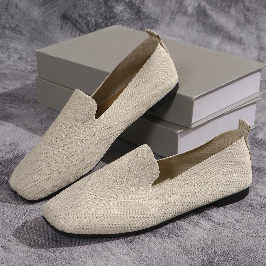 2024 однотонные сетчатые лоферы с квадратным носком, женская обувь на плоской подошве, вязаная балетка на мягкой подошве, повседневная обувь без шнуровки