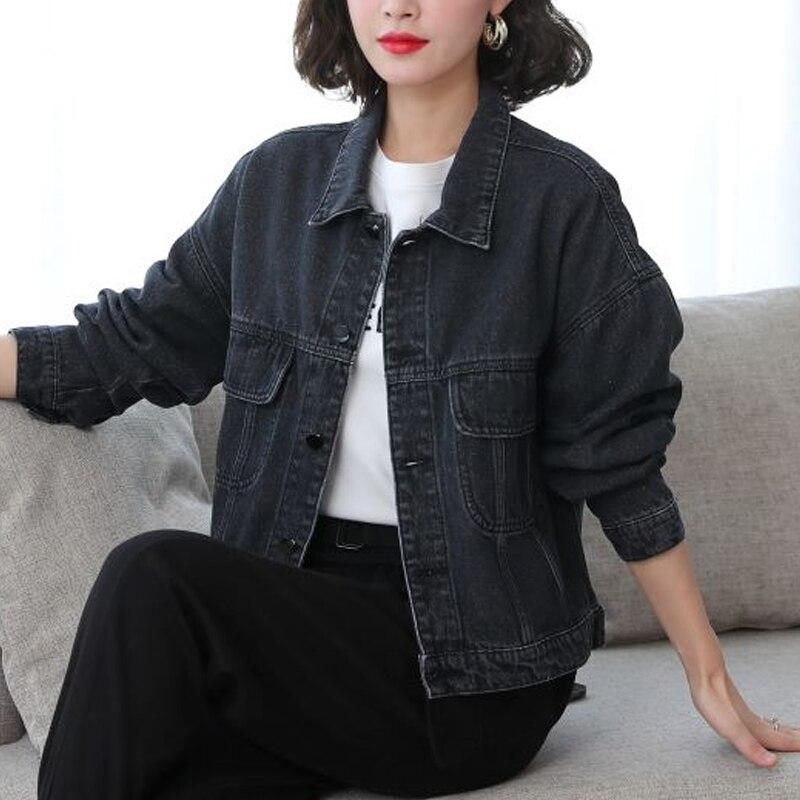 Solid Black Turn Down Collar Tops Women Loose Jeans Jacket With Pocket Korean Fashion Denim Jackets Autumn Casual Clothes 29276