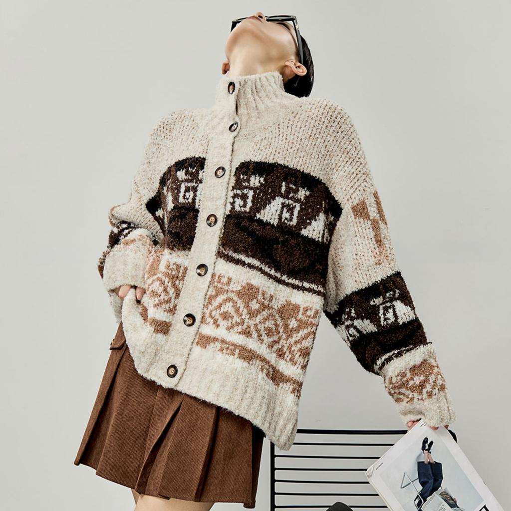 Dimanaf 2025 Plus Size Autumn Sweaters Cardigan Pockets Women Pattern Printing Buttons Sweaters Knitting Loose Sweater