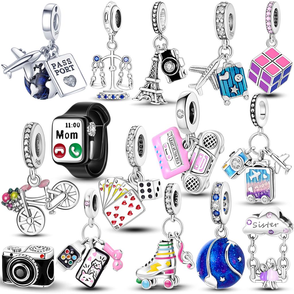100% 925 Silver Funny Playable Charms Beads Smart Watch Tarot Bike Travel Dangle Fit Bangle Bracelet DIY Jewelry