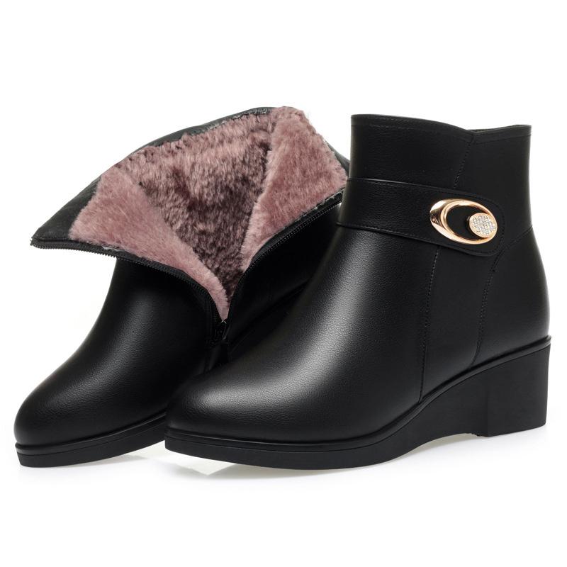 Мягкая кожа Женские туфли с круглым носком на молнии Противоскользящие Хлопковые туфли Мама Зима Шерстяной мех Клинья Толстая подошва Теплые Снежные ботинки