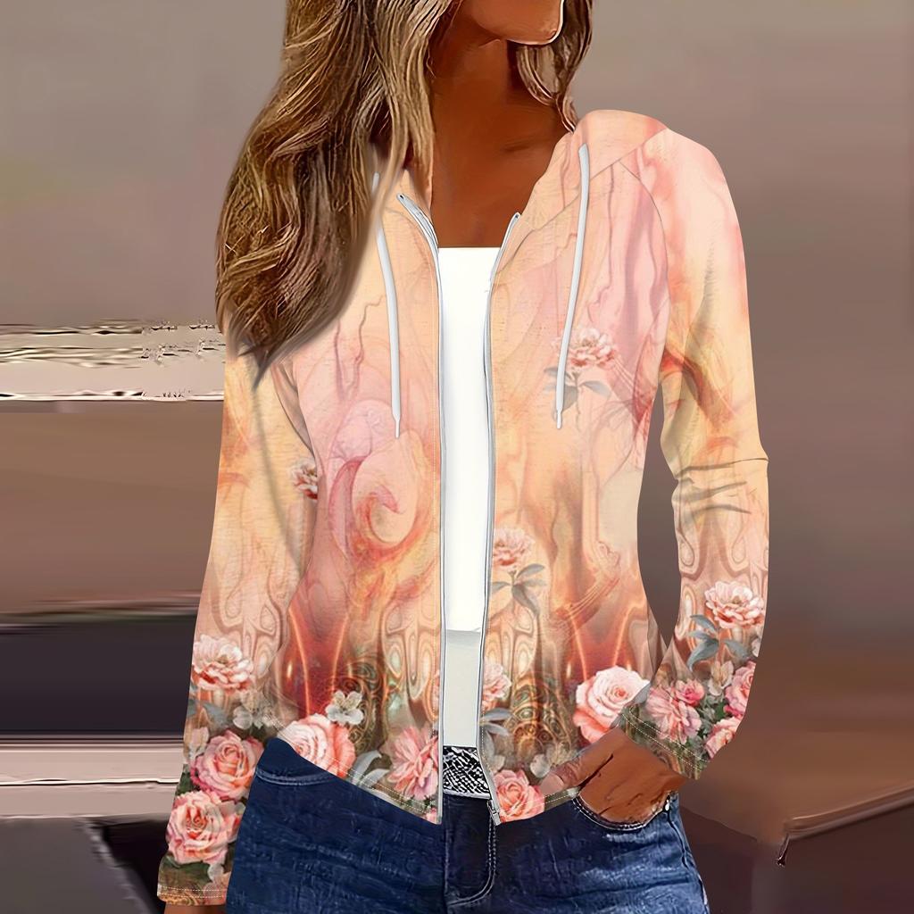 Women's Fashion Casual Zip Up Hooded Print Long Sleeve Sweatshirts Coat