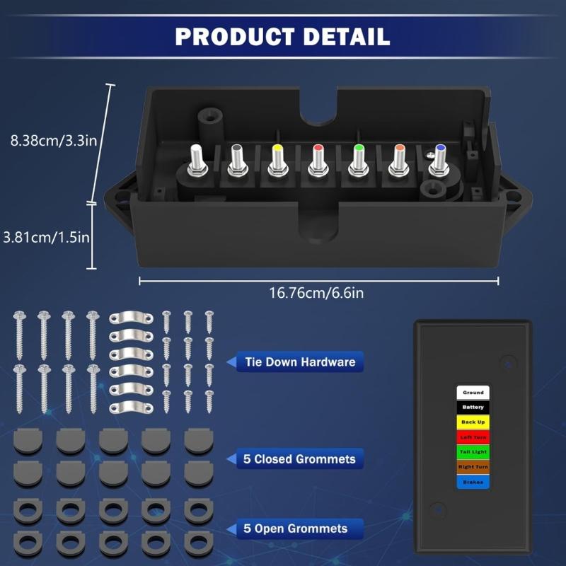 Heavy Duty 7 Way RVs Electrical Junction Box Color Coded Terminals For Tail Lights Brake Lights Trailers Connection Box