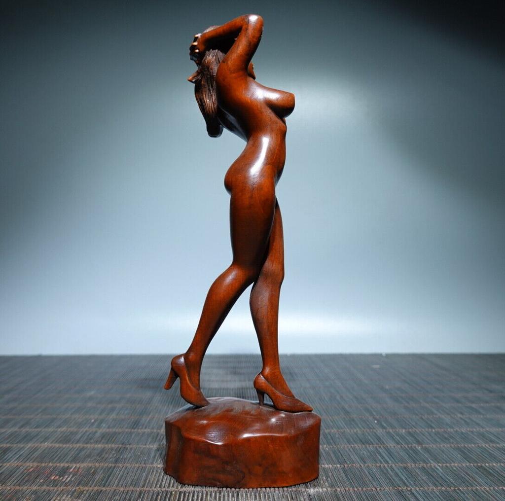 Chinese Boxwood Wood Carving Sexy Beautiful Woman Statue Wooden Sculpture Decor