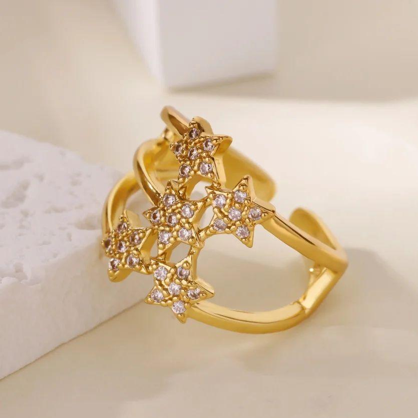 Luxury Zircon Stars Rings For Women Gold Plated Metal Crystal Star Adjustable Ring Wedding Christmas Fashion Jewelry Gift