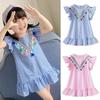 3-9 Years Kids Girls Striped Flutter Sleeve Dress Tassels Decoration Summer Princess Dress