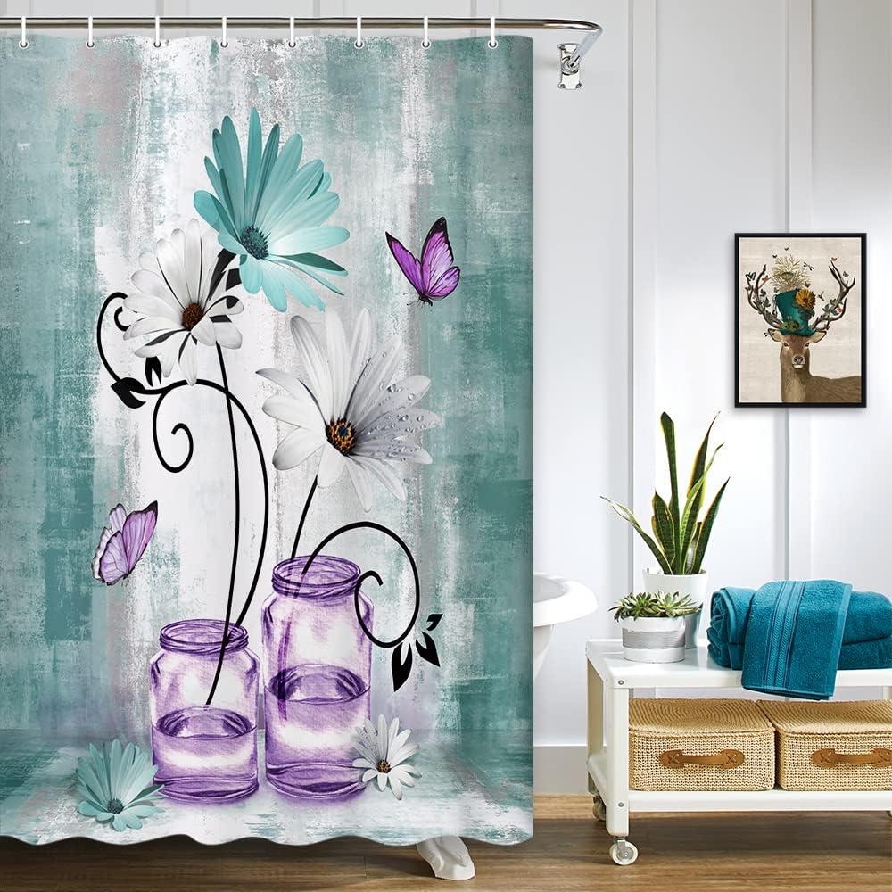 Деревенская Цветочная Занавеска для Душа Сиреневые Бирюзовые Цветы Маргаритки Бабочка Абстрактная Ванная Комната Сельский Фермерский Бирюзово-Синий