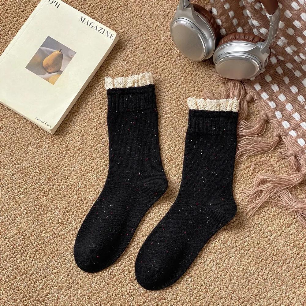 Solid Lace Ruffle Women Socks Japanese Fashion Middle-tube Lace Socks Women Korean Style Solid Color Black White Gray Long Socks