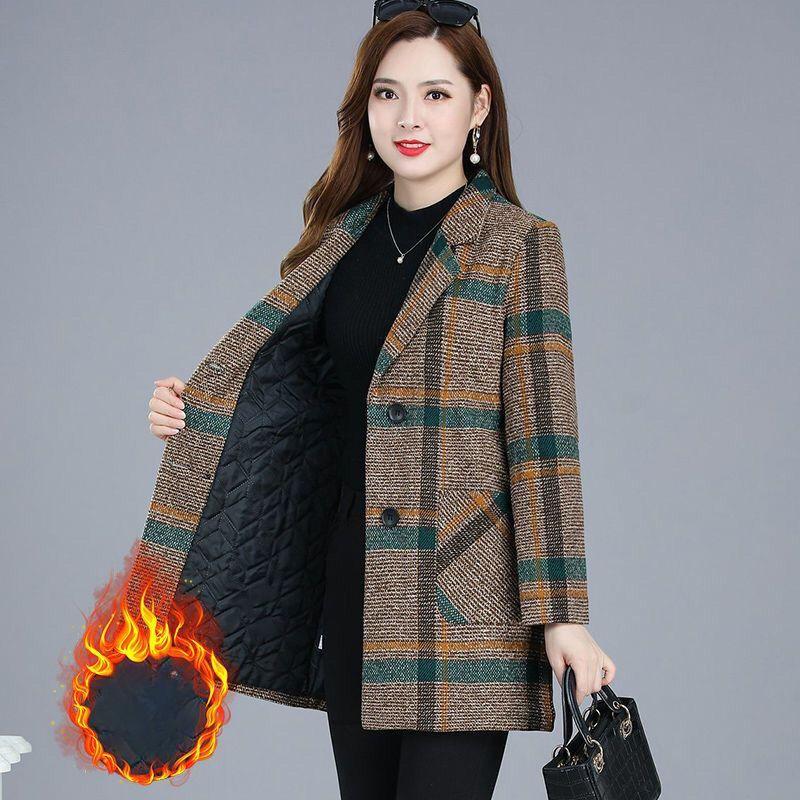 Autumn and Winter Coat Temperament Mid-length Blouse Women's Plaid Windbreaker