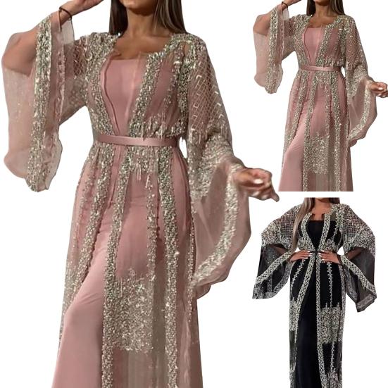 2 Pcs/Set Women Evening Dress Big Swing Shiny Bronzed Cardigan Slip Dress Set See-through Mesh Long Sleeve Coat Cocktail Events Special Occasions