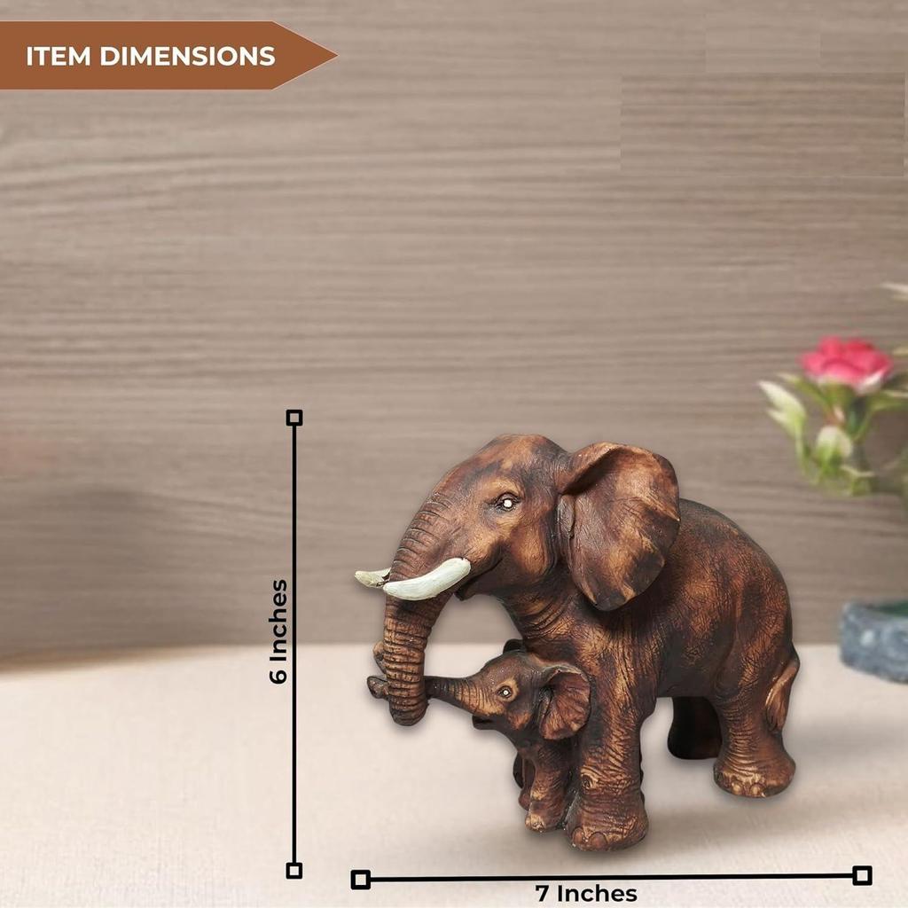 Brown Poly Resin 'Mother & Baby Elephant' 8 Inches - Set of 1 Showpiece Mother & Baby Elephant Figurine for Home Decor