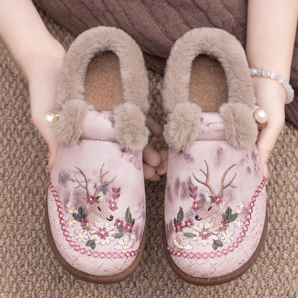 Women's Shoes Autumn and Winter Cotton Shoes National Style Deer Embroidered Shoes Light Mouth Fluffy Shoes Piled Thickened Winter Shoes