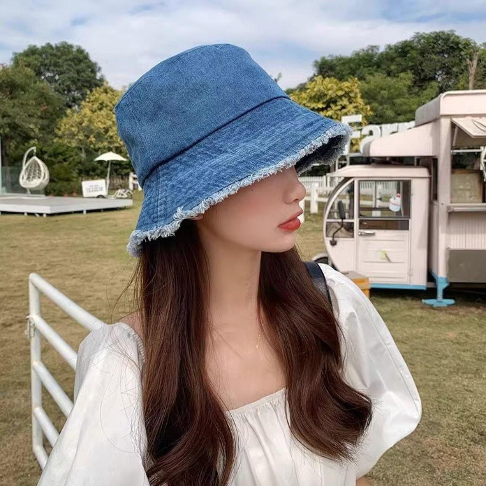 Wide Brim Denim Fisherman Hat Sun Protection Summer Sun Hat Foldable Washed Denim Bucket Hat Beach