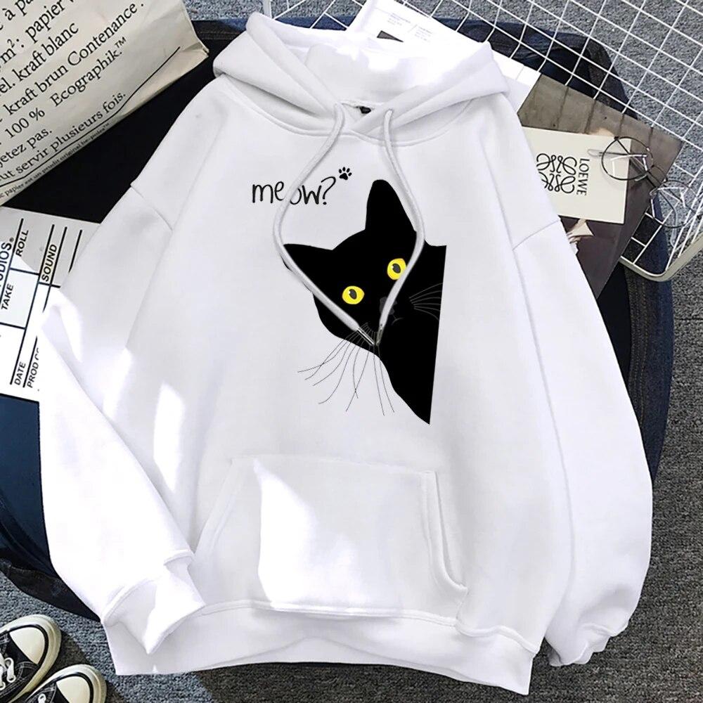 Мяу черный кот унисекс с капюшоном модные свободные толстовки унисекс с плотным принтом пуловер высокого качества уличная теплая спортивная одежда