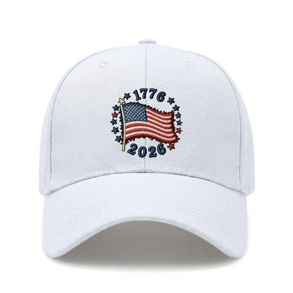 [Patriotic Baseball Cap] 2026 USA Commemorative Unisex Letter "1776" & "2026" Print Black Polyester Adjustable Lightweight Curved Brim Sun Protection