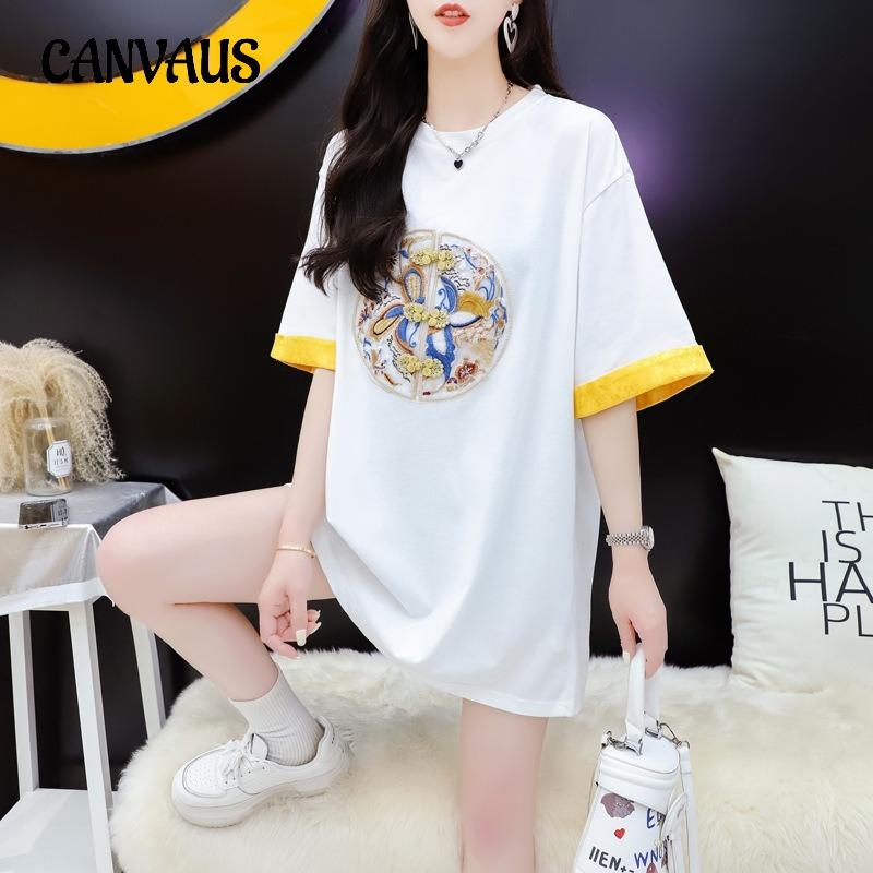 Женская свободная футболка большого размера средней длины с коротким рукавом и жаккардовой вышивкой, летняя