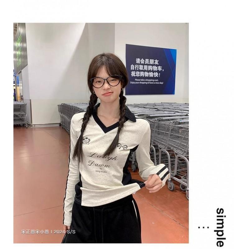 Womens Slim Fit Long Sleeve T-Shirt V-Neck Sporty Ins Style Casual Top Everyday Wear