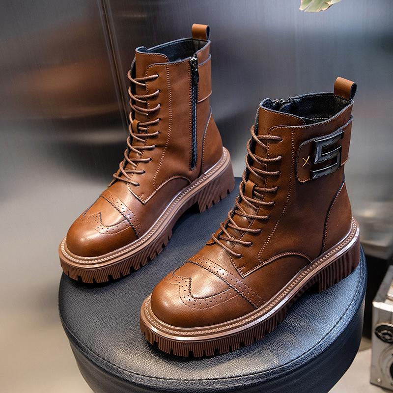 Autumn and Winter 2025 New Thick-soled Medium-tube Leather Martin Boots Women's British Style Velvet Short Boots Thick-soled Casual Women's Shoes