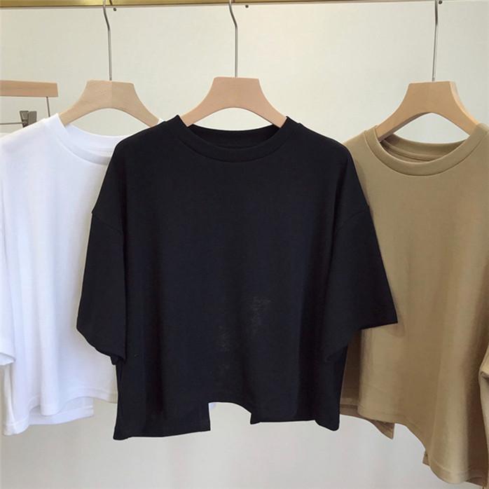 Корейский стиль с коротким рукавом женские выдалбливают крутые однотонные укороченные летние повседневные футболки