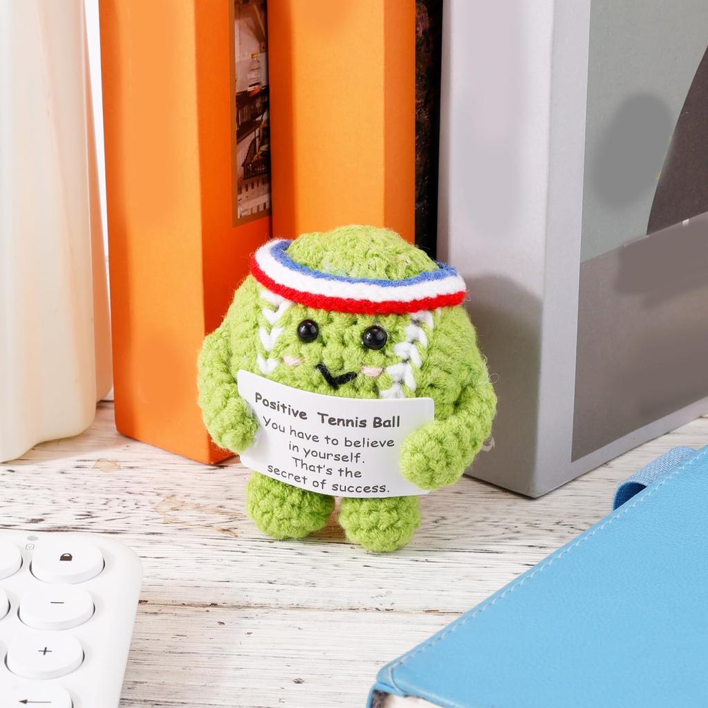 Funny Crochet Inspirational Tennis Ball Positive Knitted Sport Doll wIth Card Handmade Knitted Tennis Ball for Party Decoration