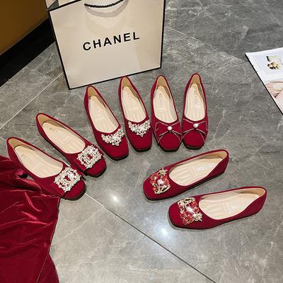 Свадебные туфли Xiuhe красные нескользящие двойного ношения, свадебные туфли, женские модные туфли на плоской подошве, женские одинарные туфли с неглубоким вырезом для беременных, мы