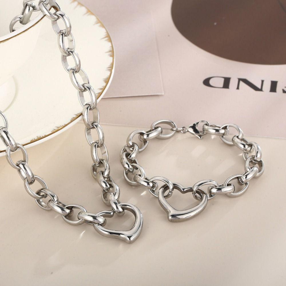 Polished Metal Heart Necklace Stainless Steel Chain Bangle Heart Bracelet Anniversary Gift