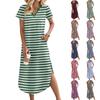 Women's Casual Comfortable V Neck Loose Hem Split Vacation Short Sleeve Striped Long Dresses