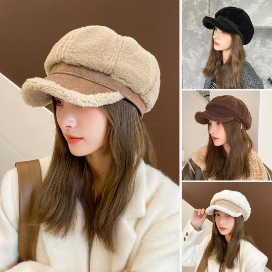 Winter Octagonal Cap Thick Plush Short Brim Contrast Color Keep Warm Peaked Cap Literary Retro Style Headwear for Work Travel Daily Wear