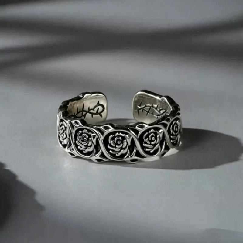 Adjustable Open Ring With Gold Plated Thorn Rose Motif Vintage Boho Statement Jewelry Women Men