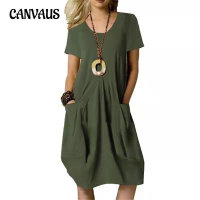 Летнее женское платье, однотонное свободное платье с круглым вырезом и коротким рукавом