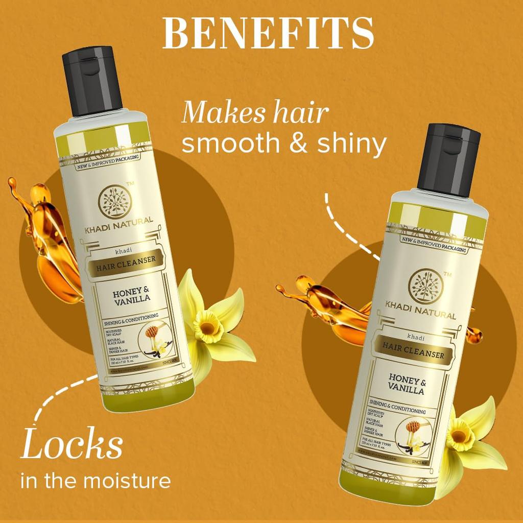 KHADI NATURAL Шампунь для волос с медом и ванилью для мягких, гладких волос. Мягкое ежедневное очищение. Подходит для всех типов волос. Упаковка из 2 шт. х 210 мл