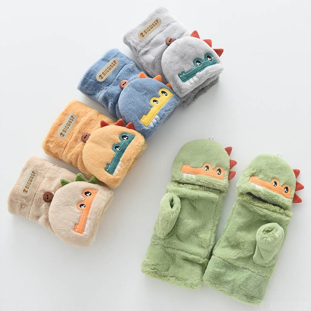 Children's Plush Gloves Half Finger Flip Outdoor Cycling Gloves Cartoon Crocodile