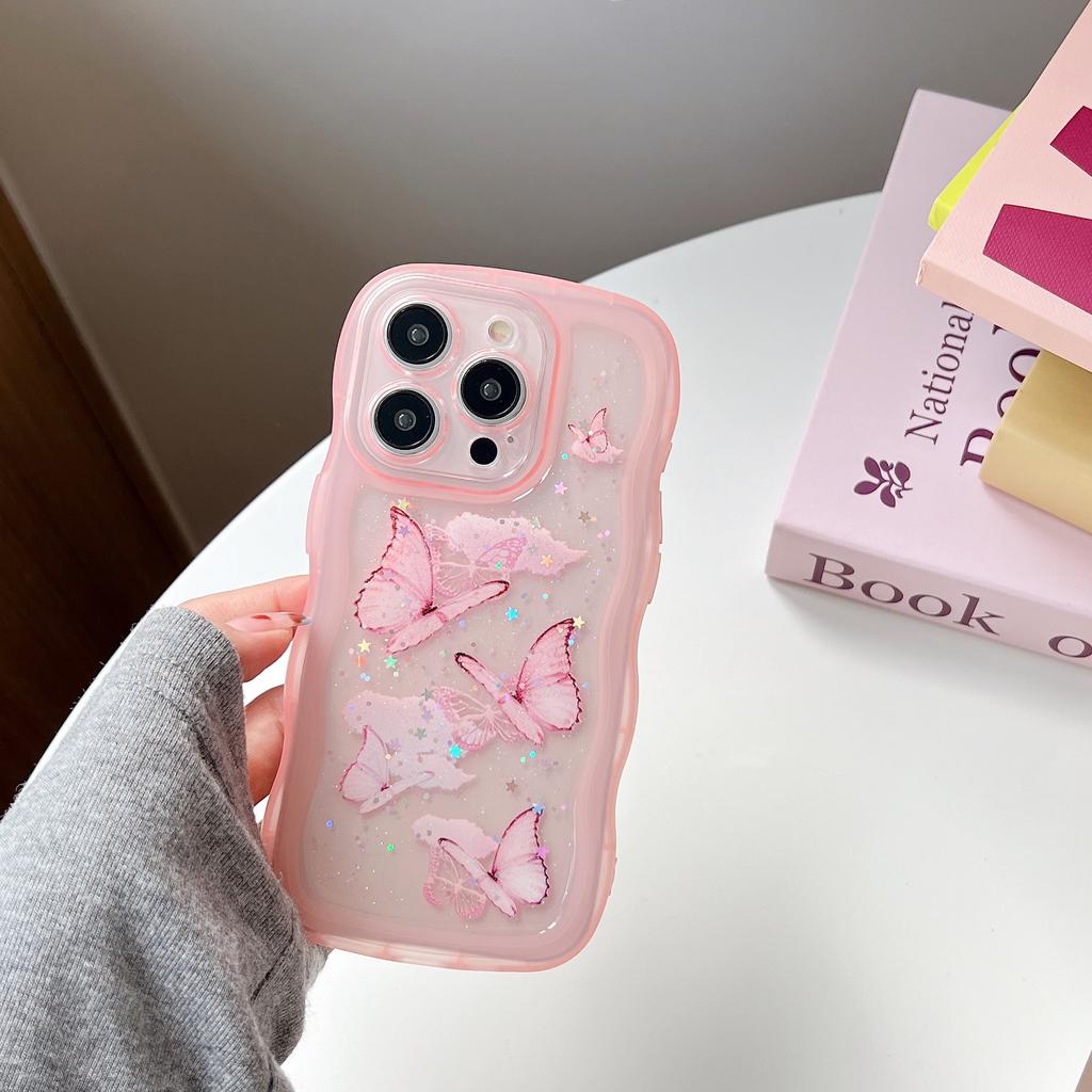 Блестящий Чехол-Бампер с Блестками и Пайетками 'Бабочка' Для iPhone 16 E 15 14 13 12 Mini 11 Pro XR X XS Max 7 8 Plus SE С Кудрявой Рамкой Bling Чехол