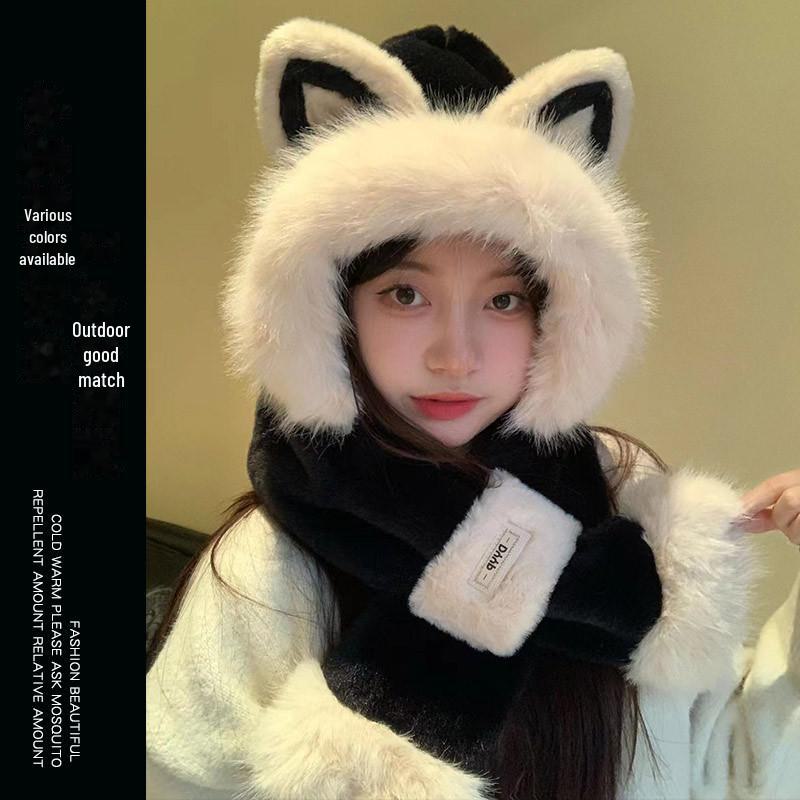 Women's Cozy Fox Ear Plush Hat with Integrated Scarf - Warm, Soft Lei Feng Design for Autumn and Winter. Perfect Ear Protection for Students.