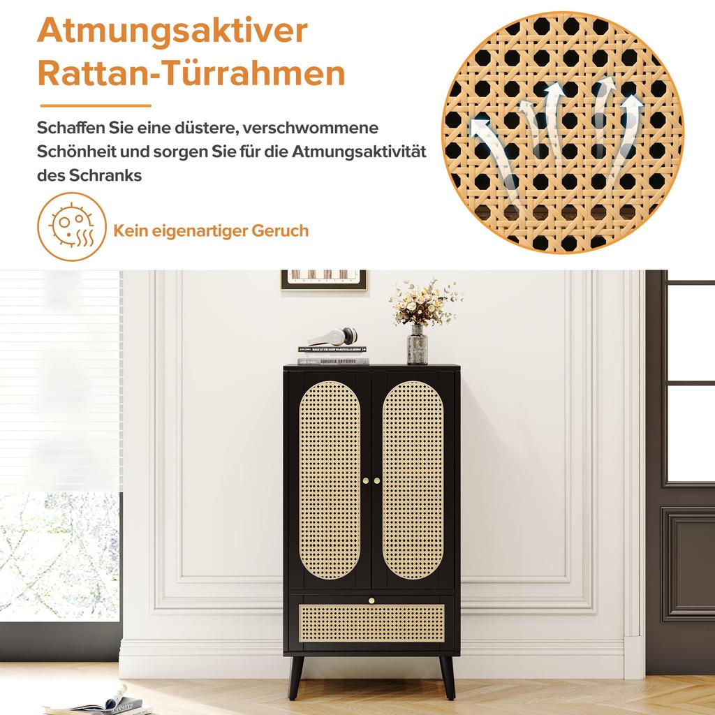 Kommode 2 Türen 1 Schubladen, Modern Highboard Küchenschrank aus Holz Rattan Türen, Schlafzimmer & Wohnräume & Büro, Schwarz, 60 x 40 x 110,5 cm