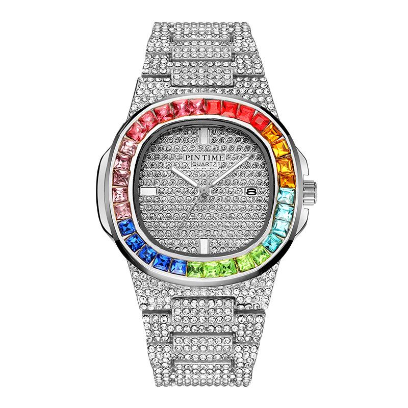 Мужские цветные кварцевые часы с бриллиантами, роскошные золотые серебряные мужские наручные часы с большим циферблатом, спортивные деловые часы Relogio Masculino