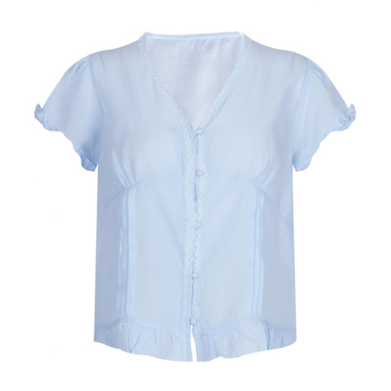 Shop   Women V Neck Frill Lace Sheer Short sleeVe Summer Blouse Beige Fwb Wbl 21