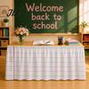 Pleated Table Skirting Pencil Pattern Skirt for Teacher Desk, Rectangle Tablecover with Hook Hospitality Loop Setup, Classroom Back to School Supplies