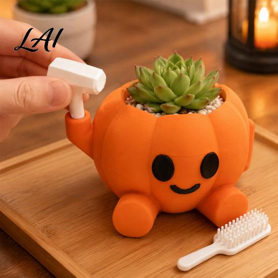 Portable Small Flower Pot 3D Printed Succulents Cute Smiling Pumpkin Pot Humanoid Planter DIY Detachable Accessory Container with Replaceable