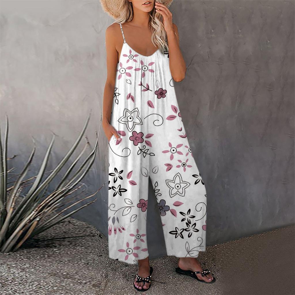 Женский свободный эластичный комбинезон без рукавов с принтом и регулируемыми бретельками с карманами